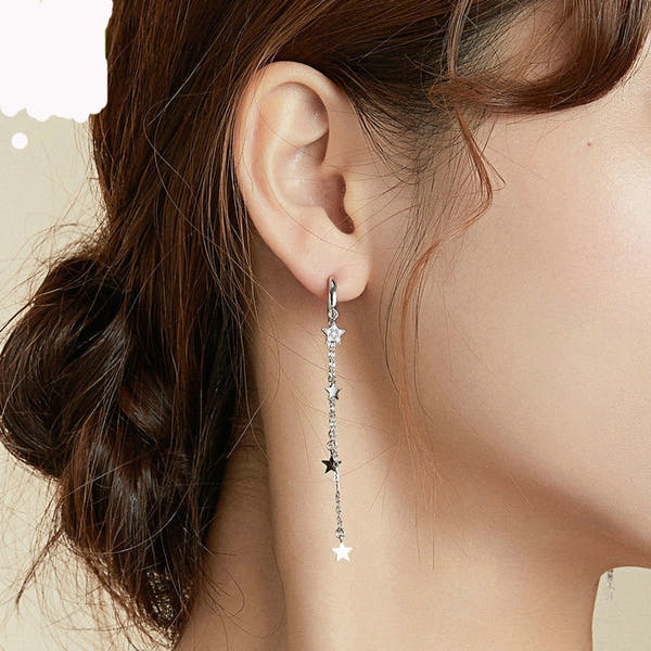 Silver Star Moon Tassel Earrings