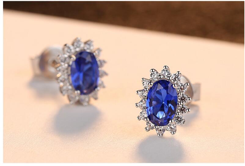 CZCITY New Natural Birthstone Royal Blue Oval Topaz Stud Earrings With Solid 925 Sterling Silver Fine Jewelry For Women Brincos null