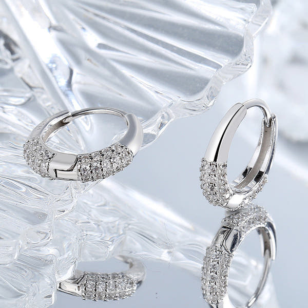Sterling Silver S925 French Oval Minimal Design Diamond Set Zircon Earrings null