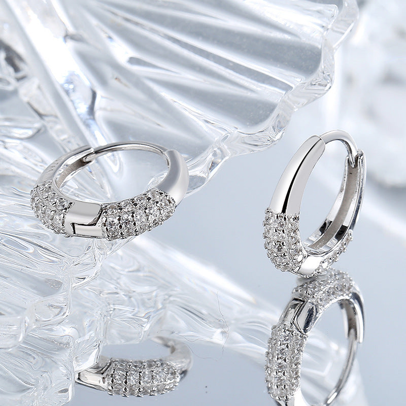 Sterling Silver S925 French Oval Minimal Design Diamond Set Zircon Earrings null