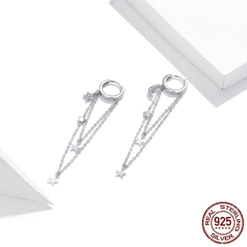 Silver Star Moon Tassel Earrings