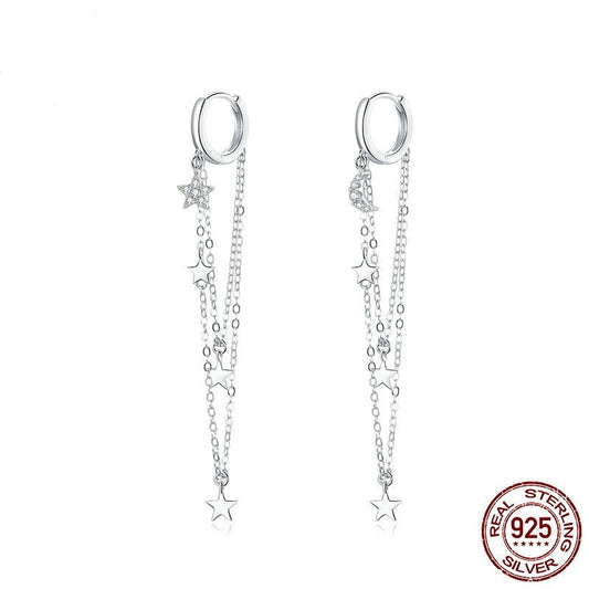 Silver Star Moon Tassel Earrings
