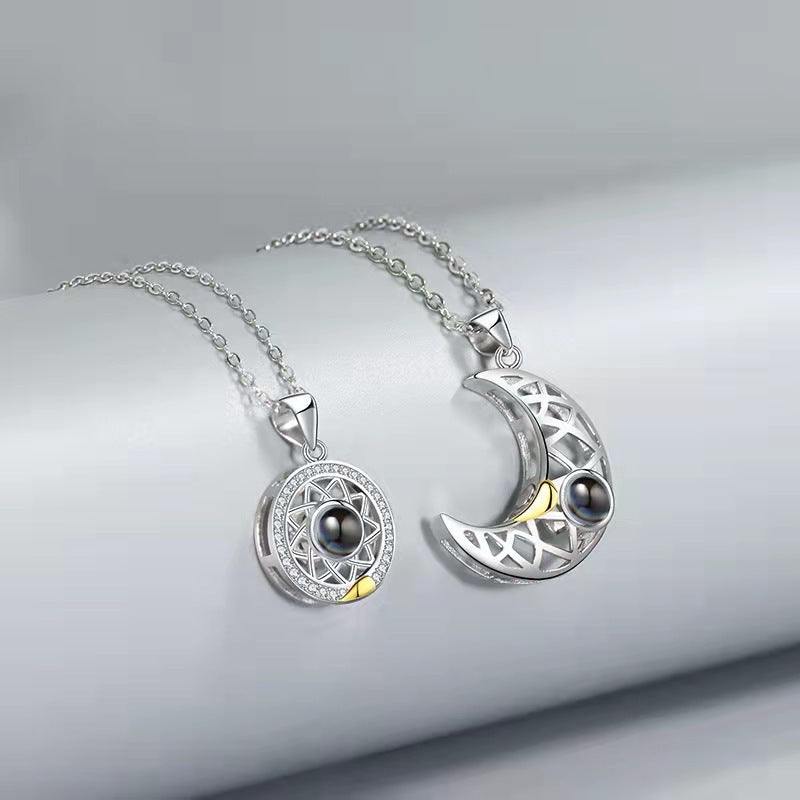 Sun Moon Projection Necklace Languages I Love You Couple Necklace Microcarving Text Photos